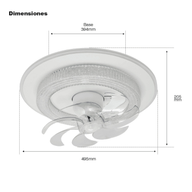 Ventilador de Techo con Luminario LED de 110 V CA 50/60 Hz /  88 W / 3 Tonos de Luz 6500  4 000  2 700 K / Con giro 360 / Diámetro 495 mm / 6 Velocidades / Dimeable
