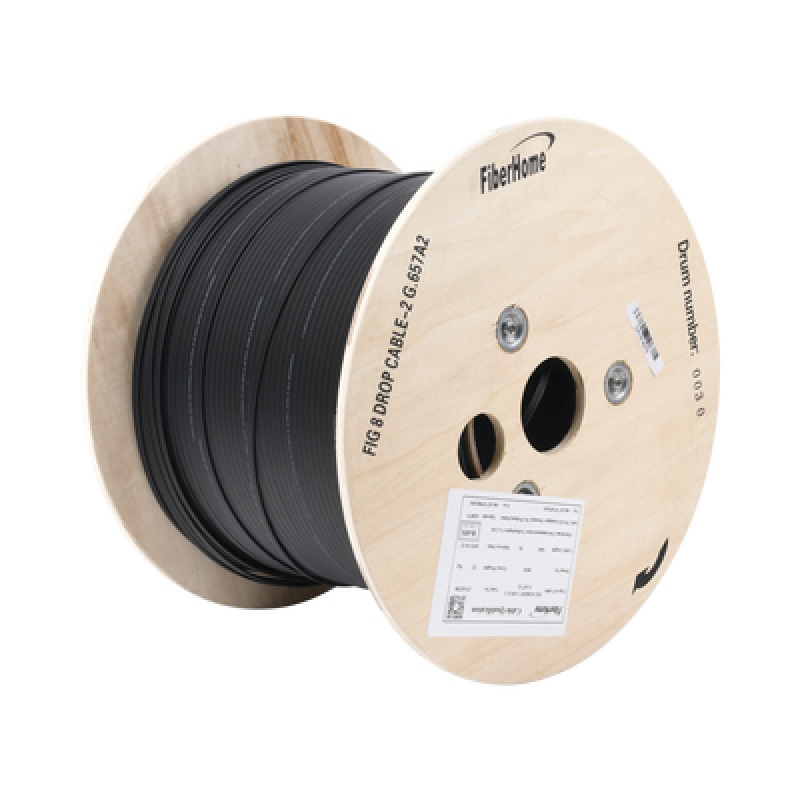 Carrete de 1 km de Fibra Óptica Aérea Mini Figura 8 G657A2 tipo Drop Monomodo de 2 Hilos bifibra Diseñada para Fusionarse Color Negro Span 80 No Soporta Conectores Mecanicos