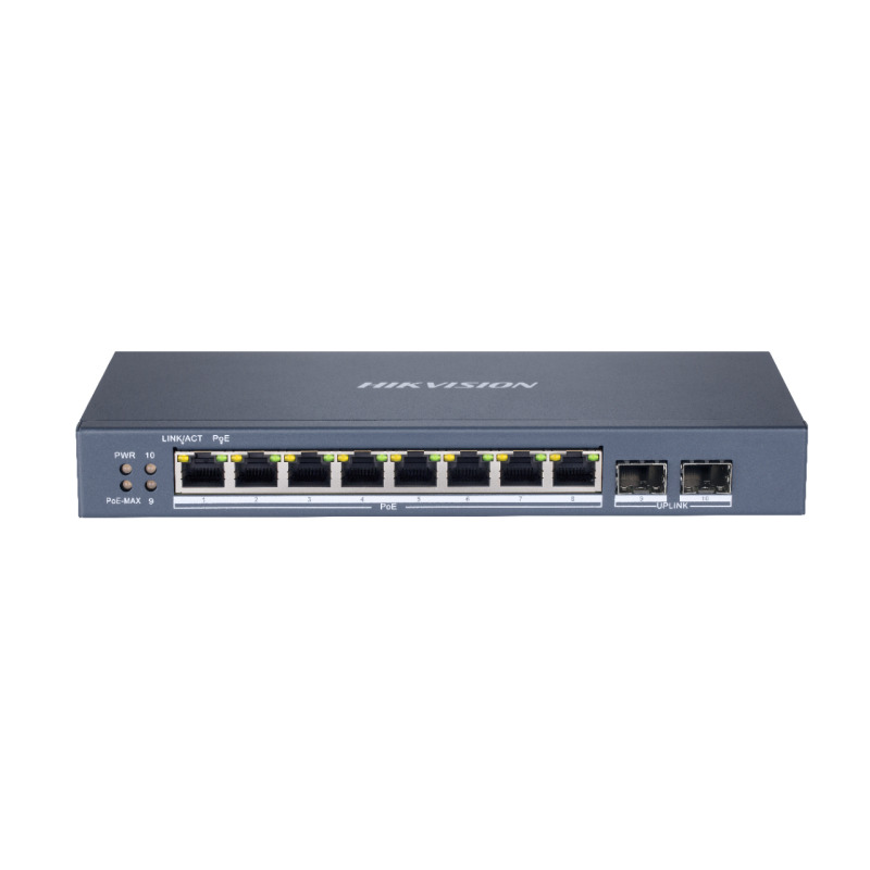 Switch Gigabit PoE / Administrable / 8 Puertos Gigabit PoE / 2 Puertos SFP / Configuración Nube HikPartner Pro / Modo Extendido hasta 300 Metros / 110 W