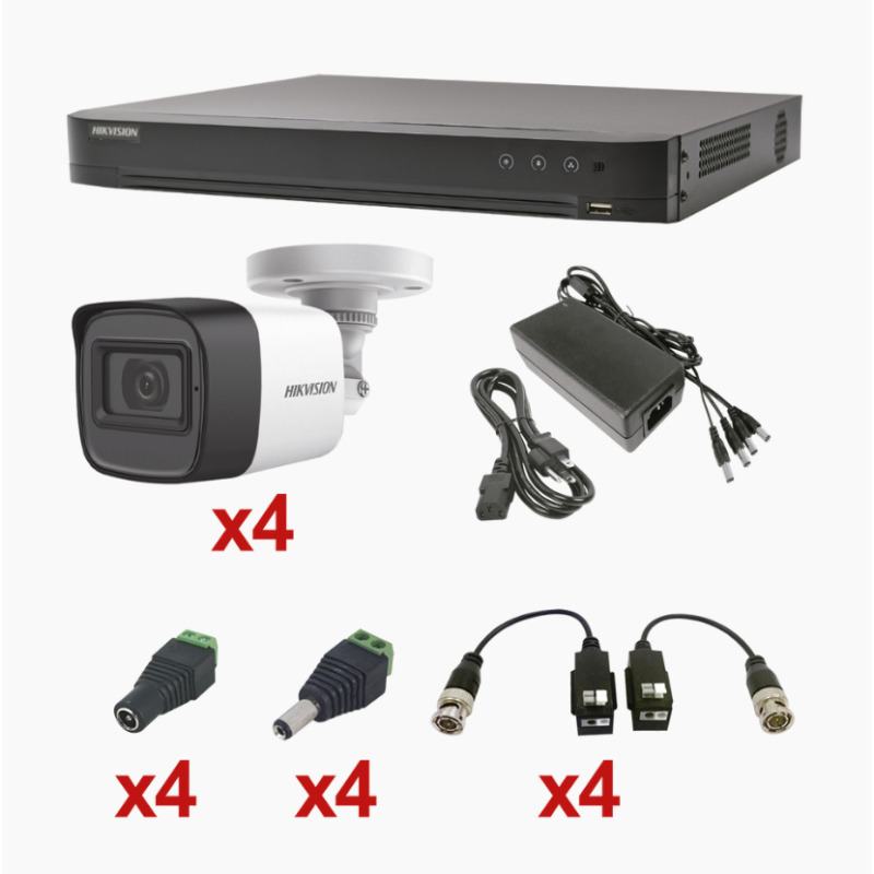 KIT TurboHD 1080p / DVR 4 Canales / 4 Cámaras Bala exterior 28 mm / Transceptores / Conectores / Fuente de Poder Profesional