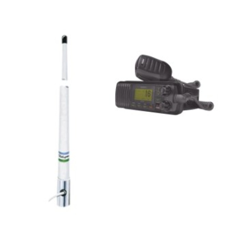 Kit de radio móvil VHF marino modelo UM385 color negro y antena marina Shakespeare en fibra de vidrio 5101