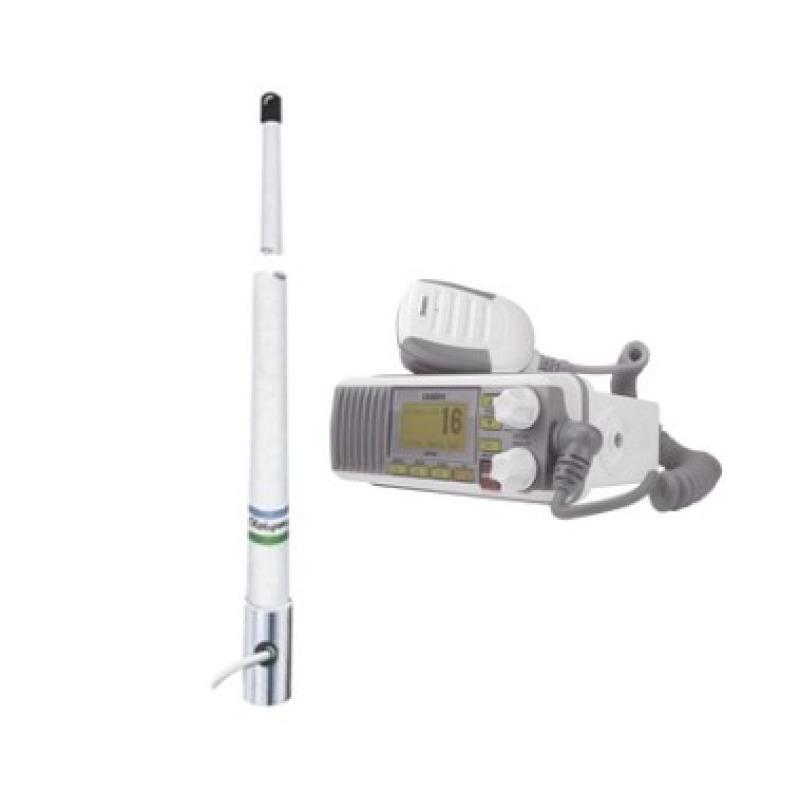 Kit de radio móvil VHF marino modelo UM385 color blanco y antena marina Shakespeare de fibra de vidrio 5101