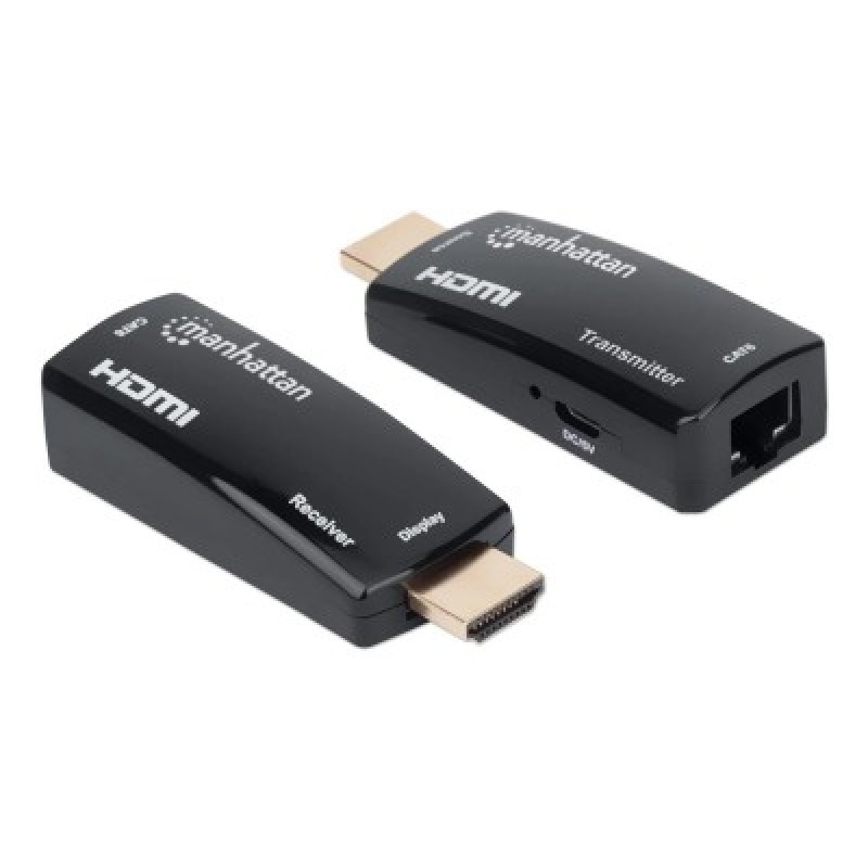 MANHATTAN 207539 - Kit Extensor compacto de HDMI sobre Ethernet 60m / Extiende las distancias de la señal de 1080p@60Hz hasta 60 m (196 pies) con un solo cable Ethernet Cat6, Transmisor y Receptor, Power over Cable, Diseño Ultra Delgado, Negro