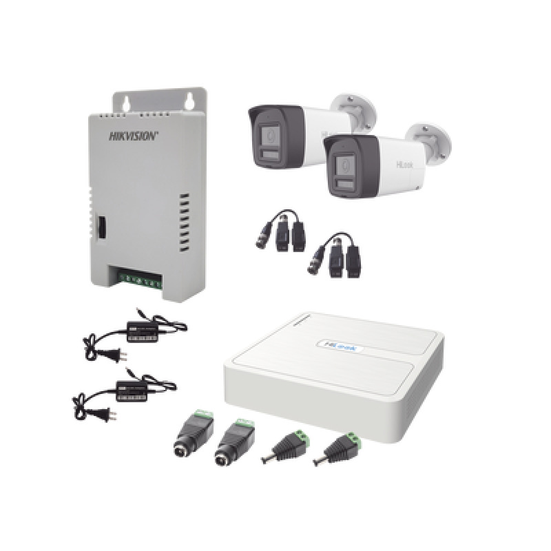 Kit HiLook Audio Bidireccional TurboHD 1080p / DVR 4 Canales / 2 Cámaras Bala Exterior con Bocina y Microfóno Integrado / 2 Fuentes de Poder / Accesorios