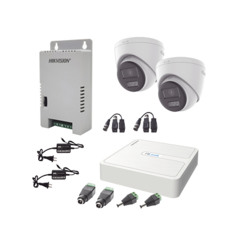 Kit HiLook Audio Bidireccional TurboHD 1080p / DVR 4 Canales / 2 Cámaras Turret Exterior con Bocina y Microfóno Integrado / 2 Fuentes de Poder / Accesorios