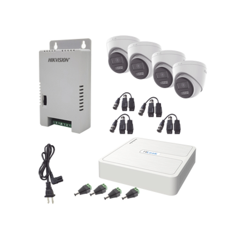 Kit HiLook Audio Bidireccional TurboHD 1080p / DVR 4 Canales / 4 Cámaras Eyeball Exterior con Bocina y Microfóno Integrado / 1 Fuente de Poder / Accesorios