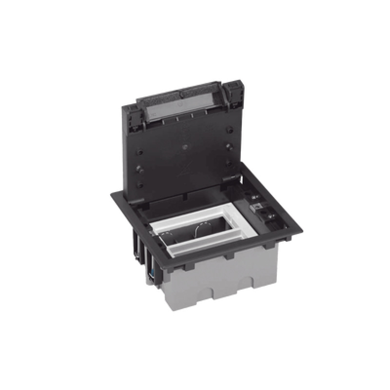 Caja Para Instalación en Pavimento para Voz Datos o Contactos Eléctricos / Capacidad para 2 Módulos / Espacio Embellecedor en la Tapa / Profundidad Ajustable de 90 a 120 mm / Los Módulos se Adquieren Aparte / Incluye Registro 
