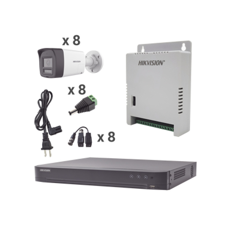 Kit Audio Bidireccional TurboHD 4K3K / DVR 8 Canales 4K / 8 Cámaras Bala Exterior con Bocina y Microfóno Integrado 3K / 1 Fuentes de Poder / Accesorios