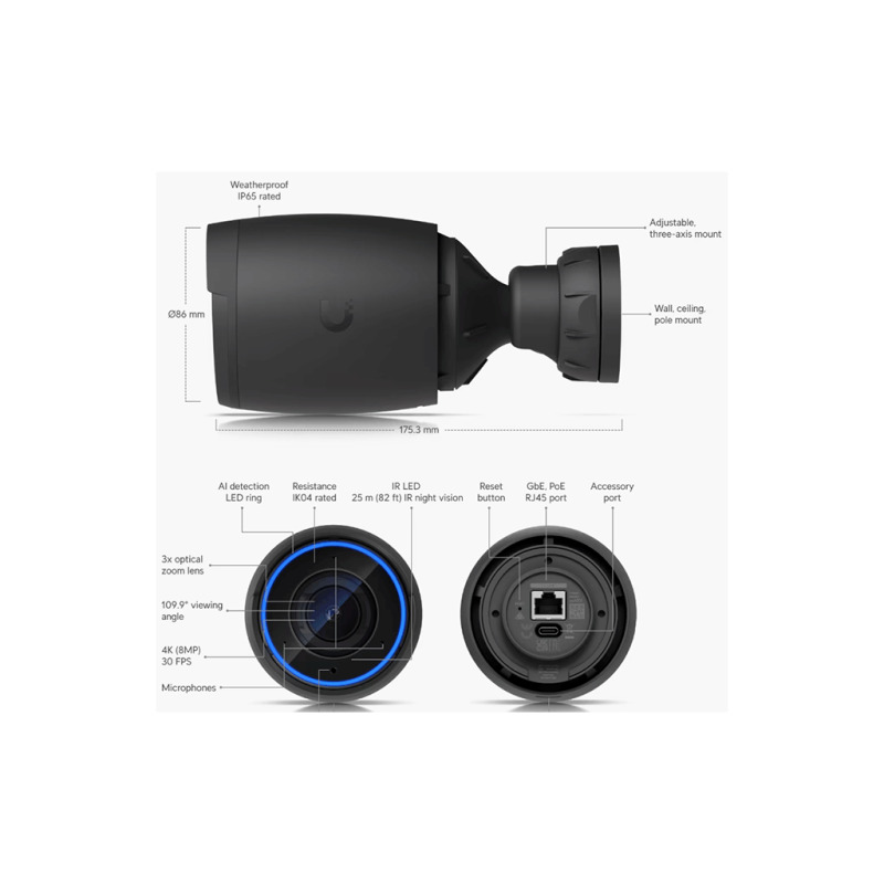 Cámara UniFi AI PRO 4k 8MPX para interior o exterior IP65 Zoom óptico de 3X con Inteligencia Artificial detección de personas placas y más audio 2 vías image 3