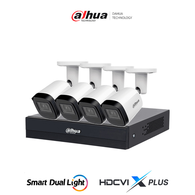 DAHUA DHI-KIT/XVR1B04-I/T/ HDCVI X Plus/ 4-B2A21N-U-IL-0280B- Kit 4 Canales 2 MP/ DVR Cooper-U WizSense con IA/ Cámaras B2A21N Smart Light y Audio Dual