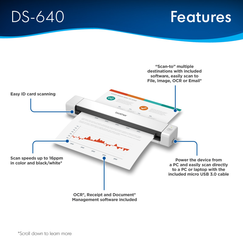 ESCANER BROTHER DS640, PORTATIL, VELOCIDAD DE ESCANEO DE 15 PPM, CONECTIVIDAD USB 3.0 image 13