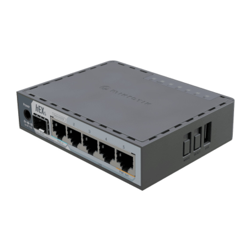 Router hEX S / 5 Puertos Gigabit Ethernet / 1 Puerto SFP 25G / DualCore ARM / 512 MB RAM / RouterOS V7 / PoEIn y PoEOut / Montaje en Pared