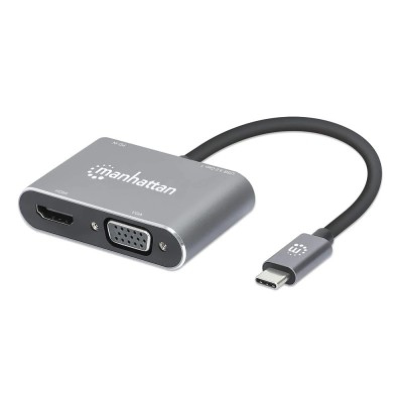 MANHATTAN 130691 - Docking Station de USB-C a HDMI y VGA, 4 en 1, con suministro de energía USB 3.2 tipo C macho a HDMI (4K a 30 Hz), VGA (1080p a 60 Hz), USB-A (5 Gbps) y USB-C PD (87 W) hembra, carga de transferencia, aluminio, gris espacial image 2