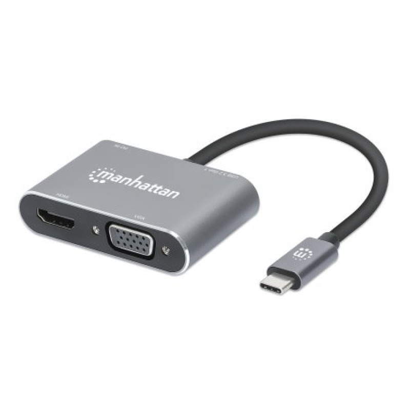 MANHATTAN 130691 - Docking Station de USB-C a HDMI y VGA, 4 en 1, con suministro de energía USB 3.2 tipo C macho a HDMI (4K a 30 Hz), VGA (1080p a 60 Hz), USB-A (5 Gbps) y USB-C PD (87 W) hembra, carga de transferencia, aluminio, gris espacial
