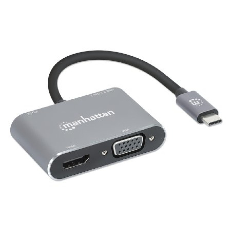 MANHATTAN 130691 - Docking Station de USB-C a HDMI y VGA, 4 en 1, con suministro de energía USB 3.2 tipo C macho a HDMI (4K a 30 Hz), VGA (1080p a 60 Hz), USB-A (5 Gbps) y USB-C PD (87 W) hembra, carga de transferencia, aluminio, gris espacial image 4