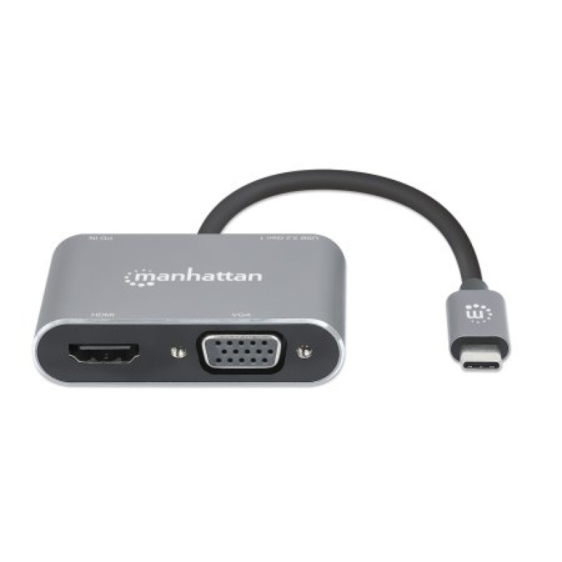 MANHATTAN 130691 - Docking Station de USB-C a HDMI y VGA, 4 en 1, con suministro de energía USB 3.2 tipo C macho a HDMI (4K a 30 Hz), VGA (1080p a 60 Hz), USB-A (5 Gbps) y USB-C PD (87 W) hembra, carga de transferencia, aluminio, gris espacial image 5