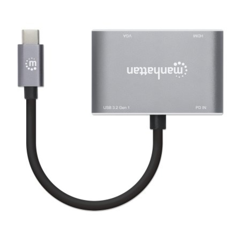 MANHATTAN 130691 - Docking Station de USB-C a HDMI y VGA, 4 en 1, con suministro de energía USB 3.2 tipo C macho a HDMI (4K a 30 Hz), VGA (1080p a 60 Hz), USB-A (5 Gbps) y USB-C PD (87 W) hembra, carga de transferencia, aluminio, gris espacial image 6