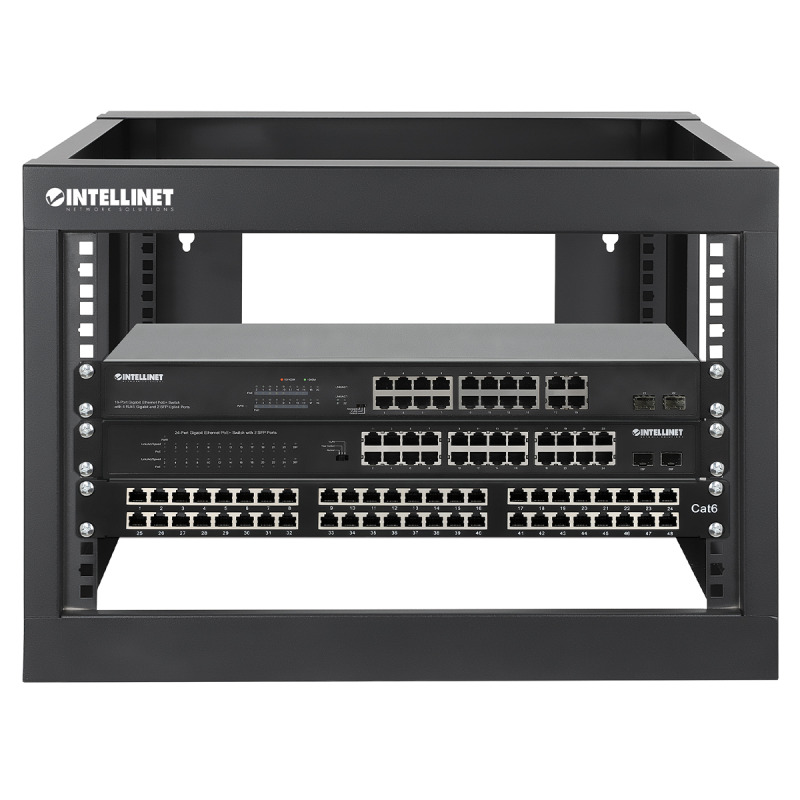 INTELLINET 716031 - Rack abierto de 19" para montaje en pared, 4 postes, 6U Marco abatible, 6 Unidades, 600 mm de profundidad, ensamblado, negro RAL 9004 image 10