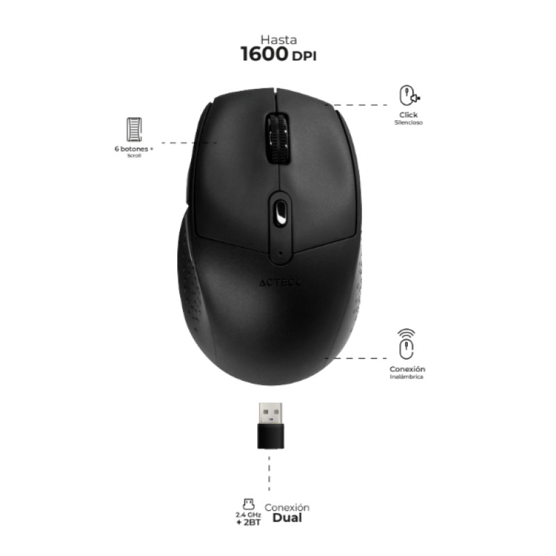 MOUSE ACTECK OPTIMIZE ERGO MI680 / INALAMBRICO / DUAL / RECEPTOR USB - BLUETOOTH / LASER / 1600 DPI / NEGRO / AC-934077
