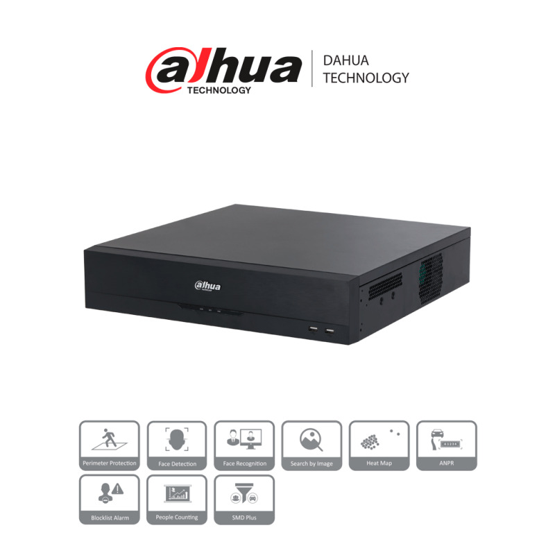 DAHUA NVR5864-16P-EI - NVR de 64 Canales IP/ WizSense/ 16 Puertos PoE/ 8 Bahias para Discos Duros/ 2 Canales de Reconocimiento Facial/ 4 de Protección Perimetral/ 8 Canales SMD Plus/ Soporta Camaras con IA/ Puertos PoE 1-8 Soportan ePoE/ #LoNuevo