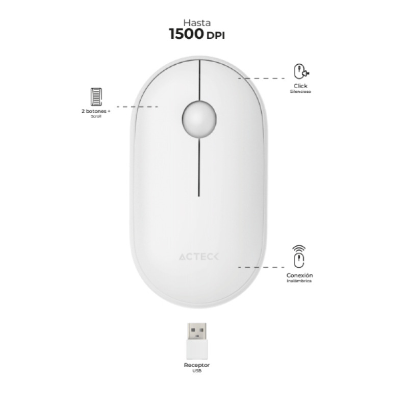 MOUSE ACTECK OPTIMIZE EDGE MI460 / INALAMBRICO / RECEPTOR USB / LASER / CLICK SILENCIOSO / 1500 DPI / BLANCO / AC-934114