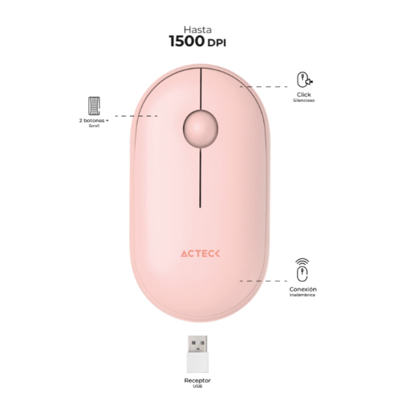 MOUSE ACTECK OPTIMIZE EDGE MI460 / INALAMBRICO / RECEPTOR USB / LASER / CLICK SILENCIOSO / 1500 DPI / ROSA / AC-934107