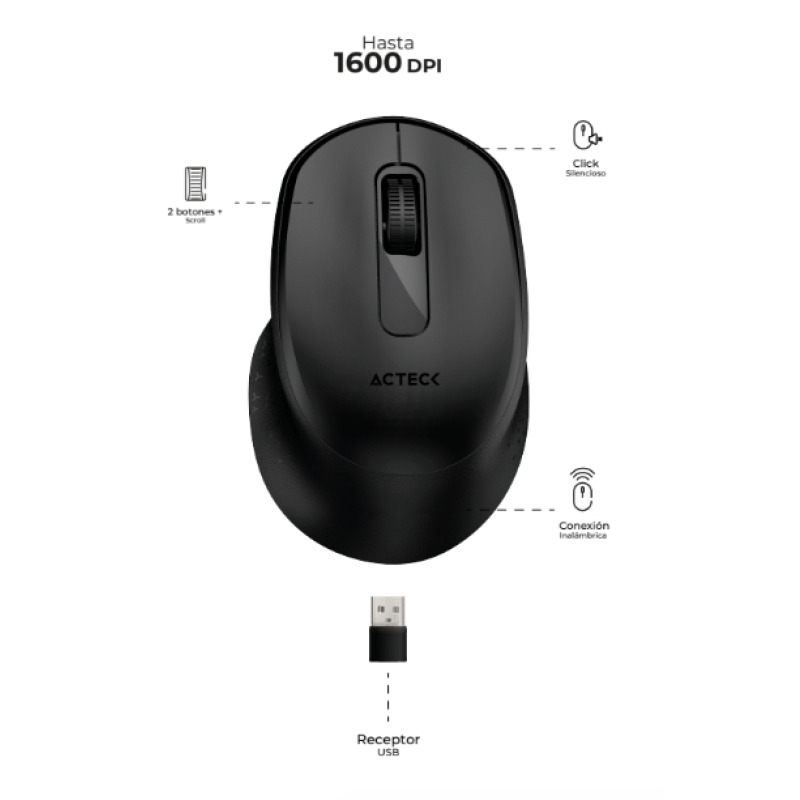 MOUSE ACTECK OPTIMIZE ERGO MI470 / INALAMBRICO / RECEPTOR USB / OPTICO / 1600 DPI AJUSTABLE / 2 BOTONES SCROLL / ERGONOMICO / CLICK SILENCIOSO / WIN MAC / NEGRO / AC-934145
