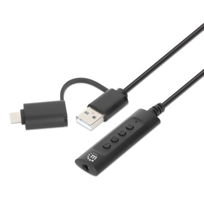 CONVERTIDOR USB, MANHATTAN,153560, 2.0 / USB-C A TARJETA SONIDO 3.5 MM, CABLE CON CONTROLES