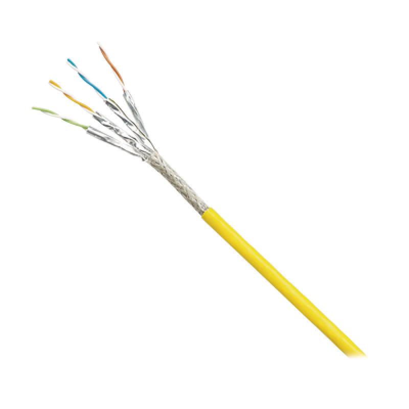Bobina de Cable Blindado S/FTP Categoría 6A Uso Industrial con Resistencia al Aceite Rayos UV y Abrasión Multifilar Flexible Color Amarillo Bobina de 500m