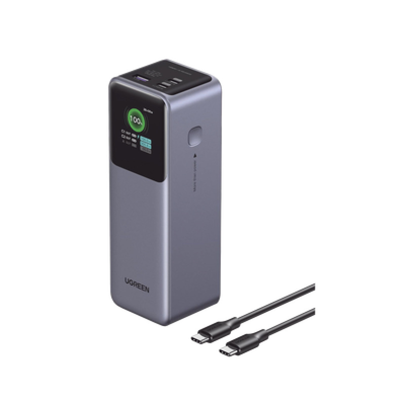 Power Bank de 25000mAh | 3 Salidas 200W Max | USBA  2 USBC | PD 30 QC30 | FCP | SCP | Pantalla Inteligente | Carcasa Ignifuga | Color Gris | Incluye Cable USB de 50cm | Carga tu Laptop de Manera Segura