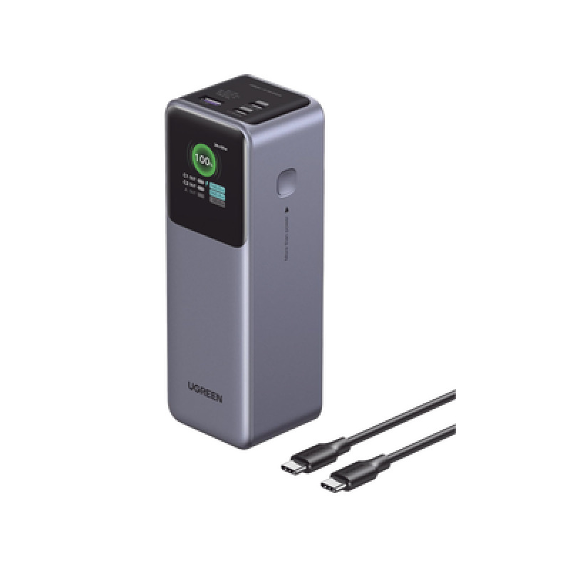 Power Bank de 12000mAh | 3 Salidas 100W Max | USBA  2 USBC | PD 30 | QC30 | FCP | SCP | Pantalla Inteligente | Carcasa Ignifuga | Color Gris | Incluye Cable USB de 50cm | Carga tu Laptop de Manera Segura