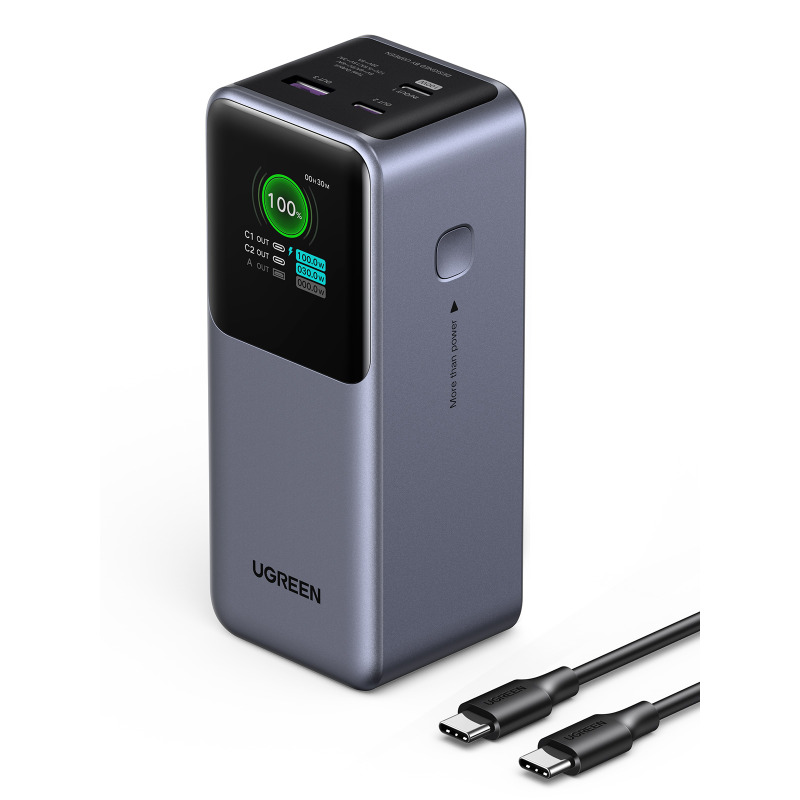 Power Bank de 20000mAh | 3 Salidas 130W Max | USBA  2 USBC | PD 30 | QC30 | FCP | SCP | Pantalla Inteligente | Carcasa Ignifuga | Color Gris | Incluye Cable USB de 50cm | Carga tu Laptop de Manera Segura
