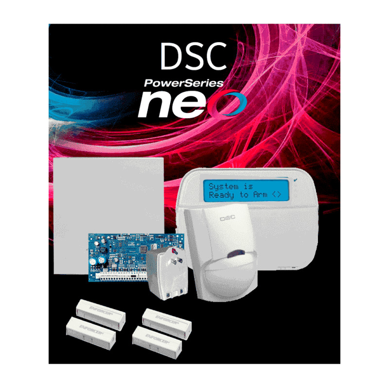 DSC NEO-LCD-SB - Paquete SERIE NEO con panel HS2032 de 8 zonas cableadas expandible a 32 / Teclado Alfanumerico HS2LCDN / Sensor PIR LC-100- PI Cableado / 2 contactos blancos  cableados / Transformador / Gabinete GTVCMX003 / Sin Batería/ 