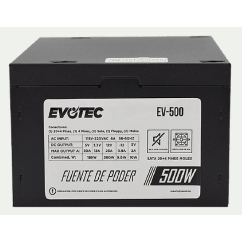 FUENTE DE PODER EVOTEC (EV-500) 500W,24 PINES,2 SATA,EMPAQUE INDIVIDUAL