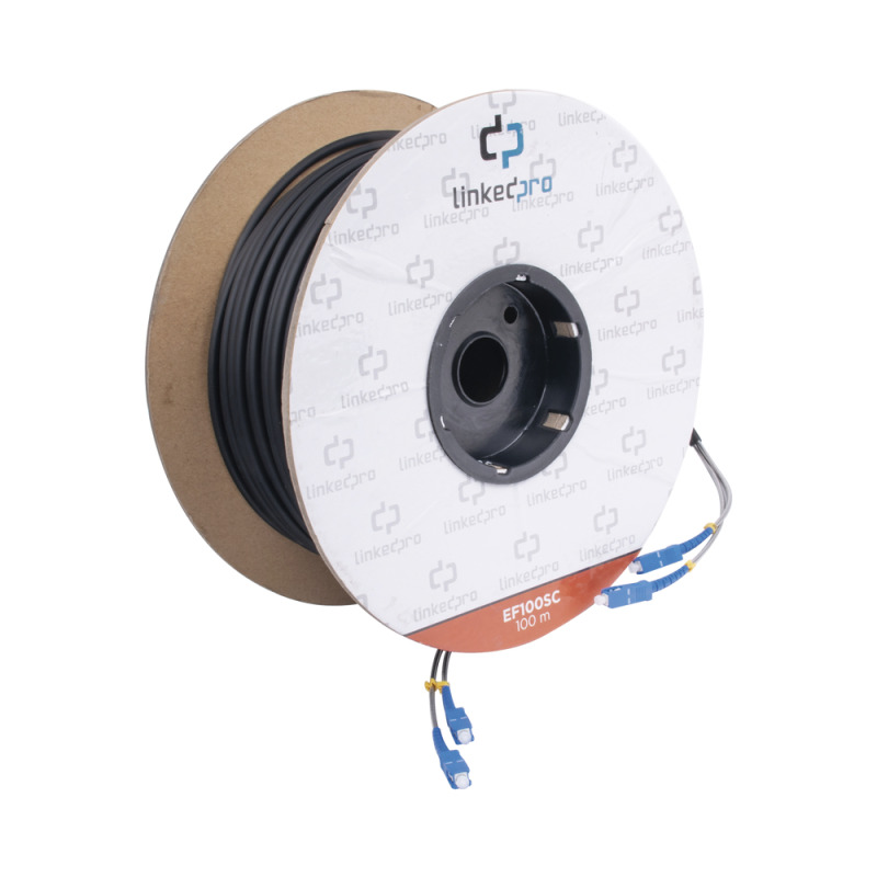 Carrete de Fibra Óptica Monomodo con Conectores SCSC Duplex Reforzada con Kevlar de 100 metros