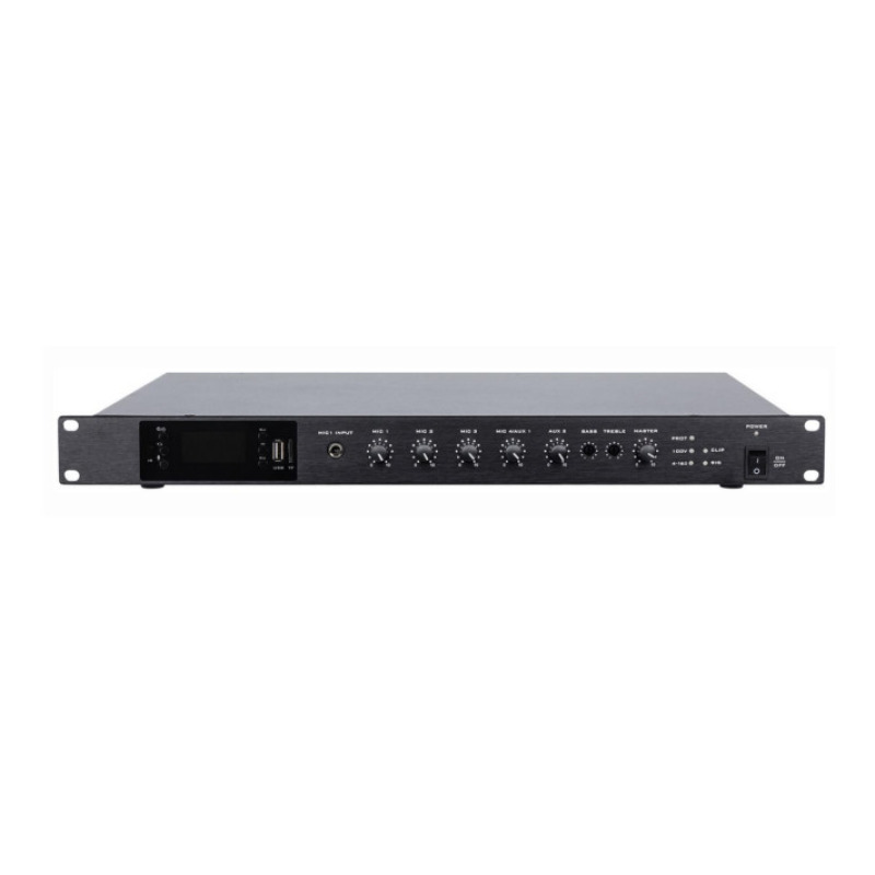 Amplificador de Audio | 1 canal | 350 W | Sistema 100V y Baja Impedancia | 4 Entradas de Micrófono Balanceadas | Bluetooth | USB | SD | FM | Montaje en Rack