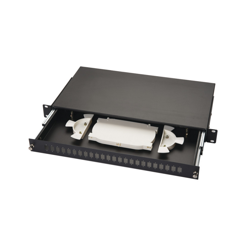 Distribuidor de Fibra Óptica deslizable vacío 19in acepta 24 adaptadores LC Duplex o LC Simplex o 24 SC Simplex 1U