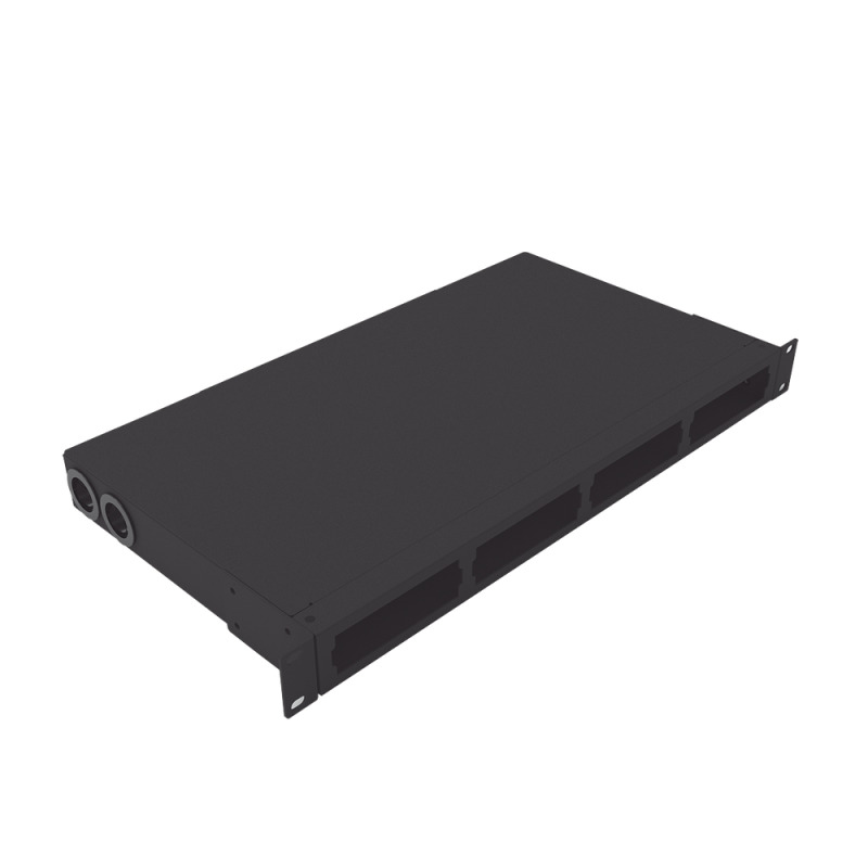 Distribuidor de fibra óptica vacio 19in Acepta 4 placas Acopladoras de Linkedpro hasta 24 fibras 1UR Incluye charola de empalme