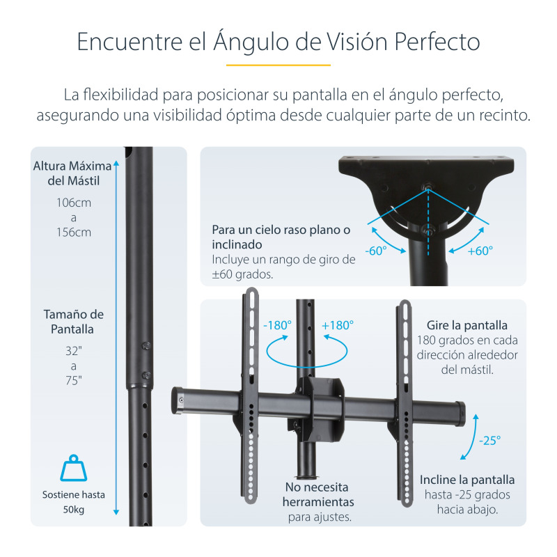SOPORTE DE TECHO PARA TELEVISOR O MONITOR DE PANTALLA PLANA LCD, LED O PLASMA DE 32 A 75 PULGADAS O DE HASTA 50KG - DE ACERO - STARTECH.COM MOD. FLATPNLCEIL image 12