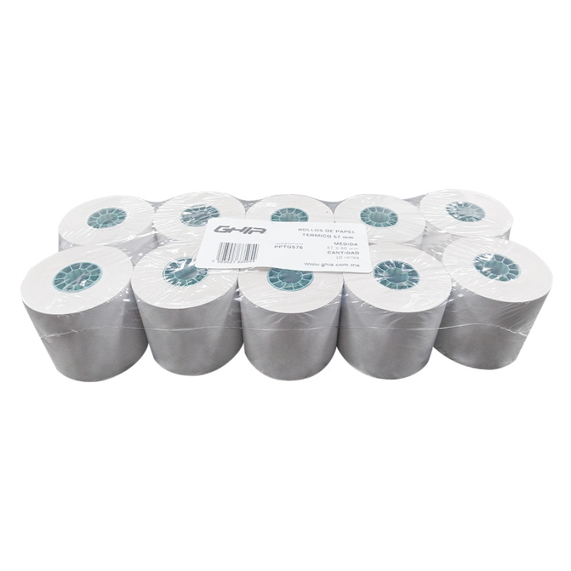 PAQUETE ROLLO PAPEL TERMICO GHIA PTG57N / 57X60 MM /PARA IMPRESORAS DE 58MM / REACCION NEGRO / 10 UNIDADES