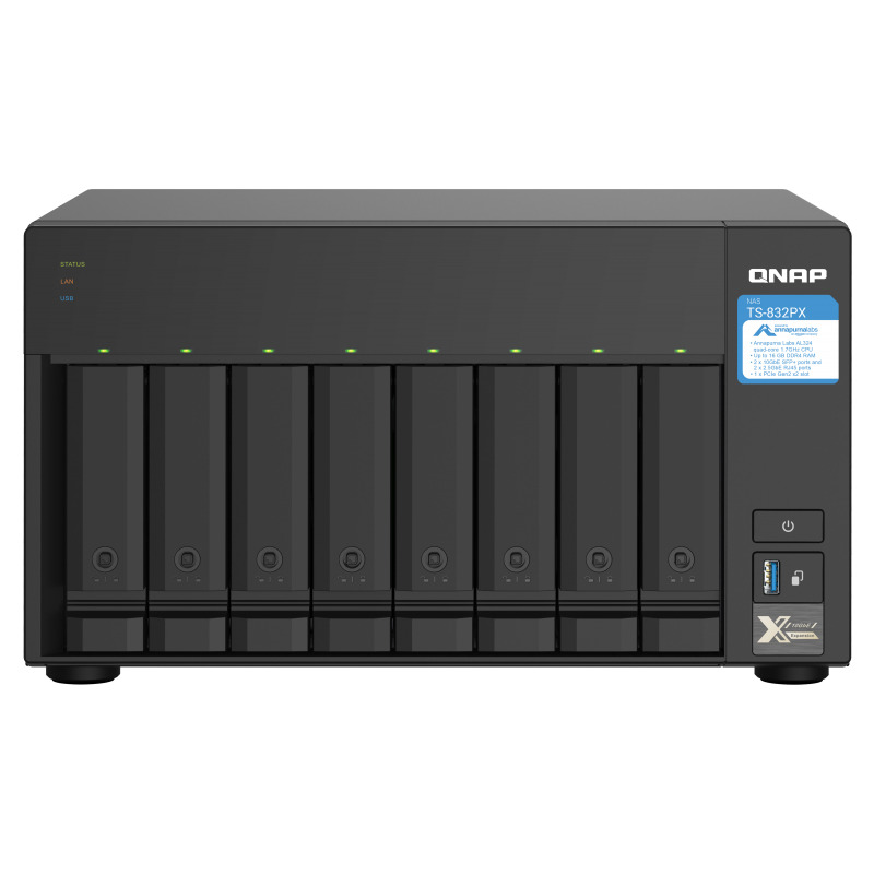 NAS QNAP TS-832PX-4G/ 8 BAHIAS SATA HDD DE 3,5/ NUCLEO CUADRUPLE 1.7GHZ/4GB DDR4 SODIMM AMPLIABLE A 16GB/2 PTO 2,5 GBE /2 PTO 10 GBE /USB 3.2 X3/ HOTSWAP/ NO INCLUYE DISCOS/ HASTA 144TB