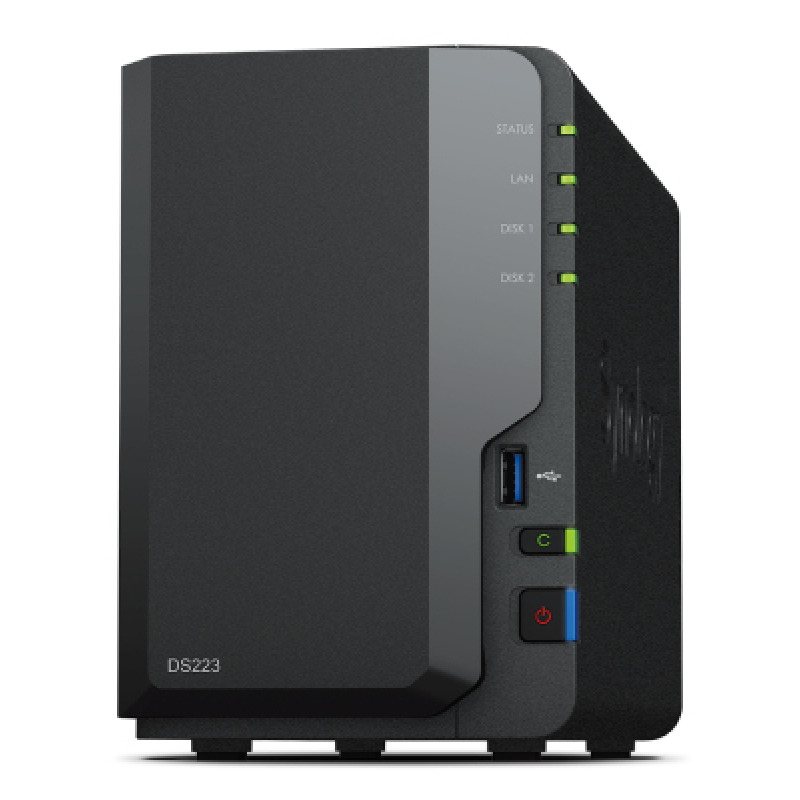 NAS SYNOLOGY DS223 /2 BAHIAS NUCLEO CUDRUPLE 1.7 GHZ /2GB DDR4/ LAN GIGABIT X1/USB 3.2 X3/SATA/HOT-SWAP/ SIN DISCOS/ REALTEK RTD1619B/HASTA 36 TB