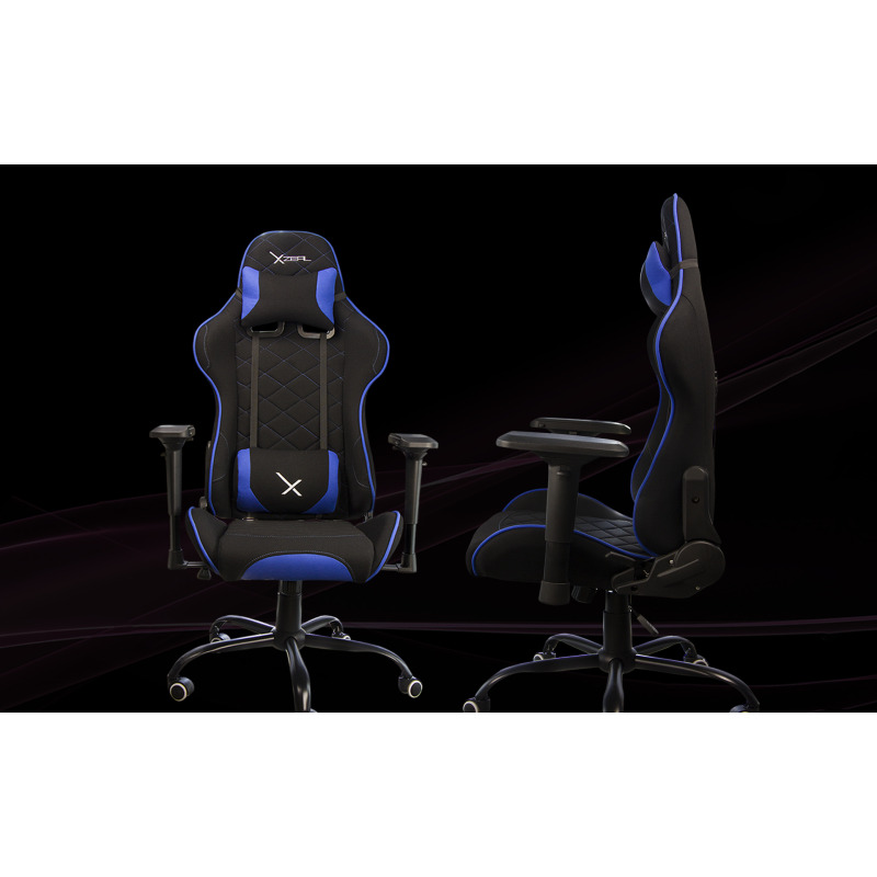 Sillas Gamer Negro/Azul X25, Tela Automotriz, Brazos 4D Piston clase 4 150kg, Reclinable 180º, Soporte Lumbar y Cervical, Estrella metalica negra
