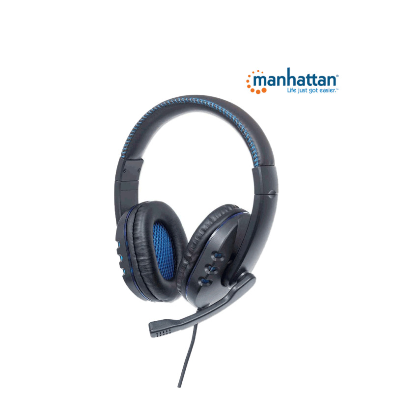 MANHATTAN 176088 - Audífonos USB para videojuegos, con luces LED Para PC, PS3 y PS4, micrófono retráctil integrado, función de control de audio, cable USB de 1,8 m integrado, color negro y azul image 3