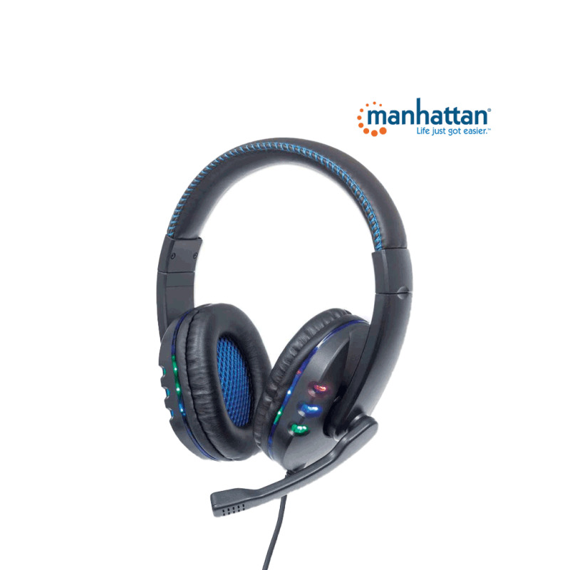 MANHATTAN 176088 - Audífonos USB para videojuegos, con luces LED Para PC, PS3 y PS4, micrófono retráctil integrado, función de control de audio, cable USB de 1,8 m integrado, color negro y azul image 4