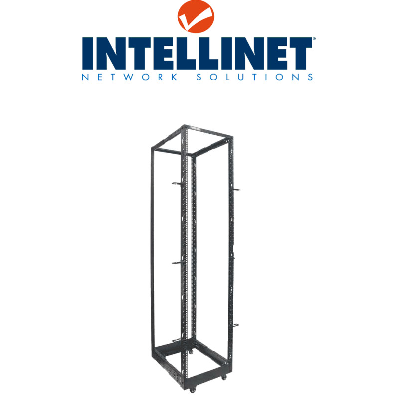 INTELLINET 714259 - Rack abierto de 4 postes de 19" / 45UR / Profundidad Ajustable desde 55.8 a 101.6 cm / Opción de usar ruedas, pies o atornillar al piso / Color negro