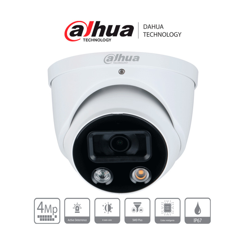 DAHUA DH-IPC-HDW3449H-AS-PV - Camara IP Domo TiOC de 4 Megapixeles/ WizSense/ Lente de 2.8 mm/ Angulo de 101 Grados/ Iluminador Dual/ Sirena/ Estrobo Azul y Rojo/ SMD 4.0/ Microfono Integrado/ Ranura MicroSD/  IP67/ PoE/ #LoNuevo