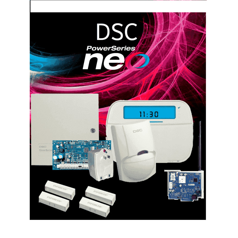 DSC NEO-ICON-IP3G-SB - Paquete SERIE NEO con panel HS2032 de 8 zonas cableadas expandible a 32/Teclado de Iconos HS2ICN /Sensor PIR LC-100- PI Cableado/2 contactos blancos cableados/Transformador/Gabinete GTVCMX003/Comunicador Dual TL2803G/Sin Batería