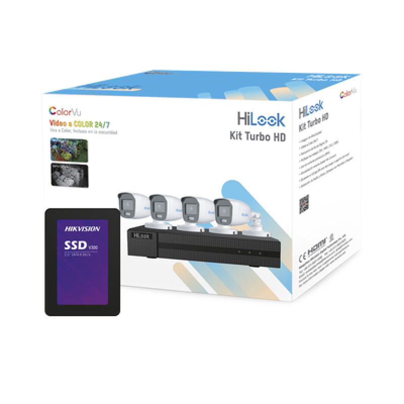 Kit TurboHD 1080p  SSD 500 GB / DVR 4 Canales / 4 Cámaras Bala ColorVu con Micrófono Integrado / Fuente de Poder / Accesorios de Instalación