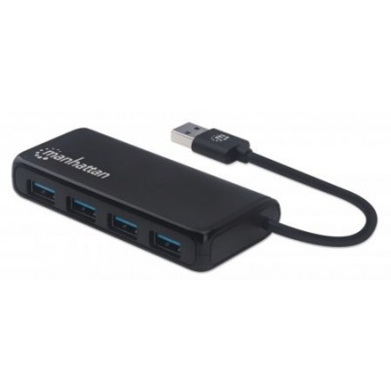 MANHATTAN 164900 - Hub USB 3.2 Gen 1 de 4 puertos USB-A USB-A macho a cuatro puertos USB-A hembra, Velocidad de transferencia de 5 Gbps, Alimentación por Bus, Negro